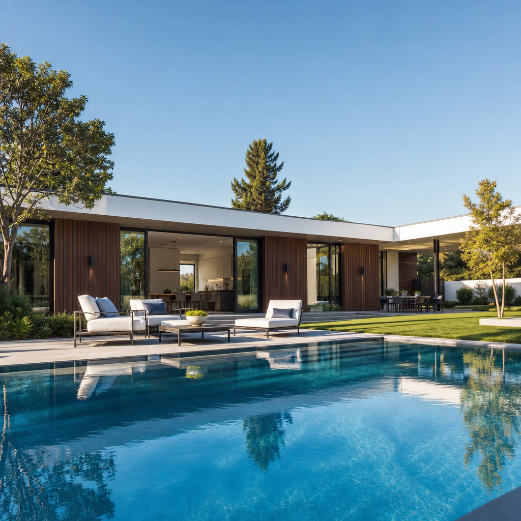 Modern residential home with a swimming pool and outdoor lounge